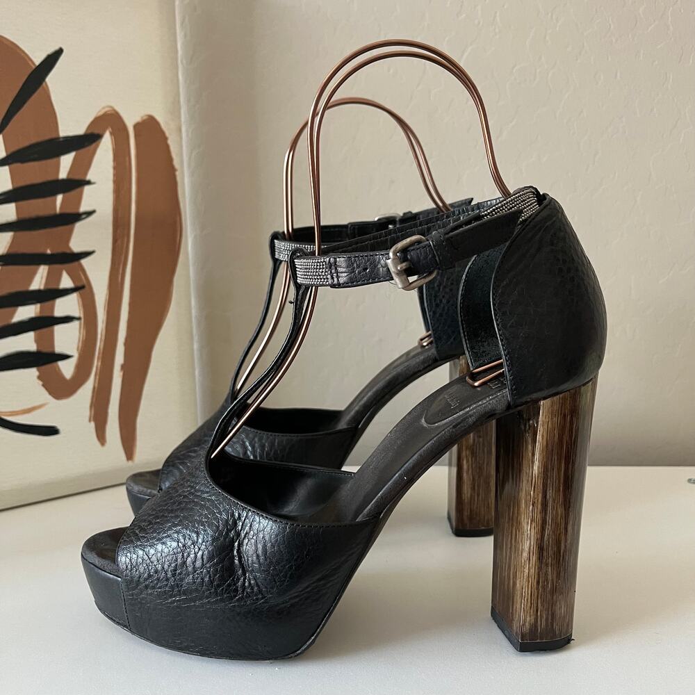Brunello Cucinelli Black Leather Platform‎ Block Heel Peep T-Strap Sandals 40.5